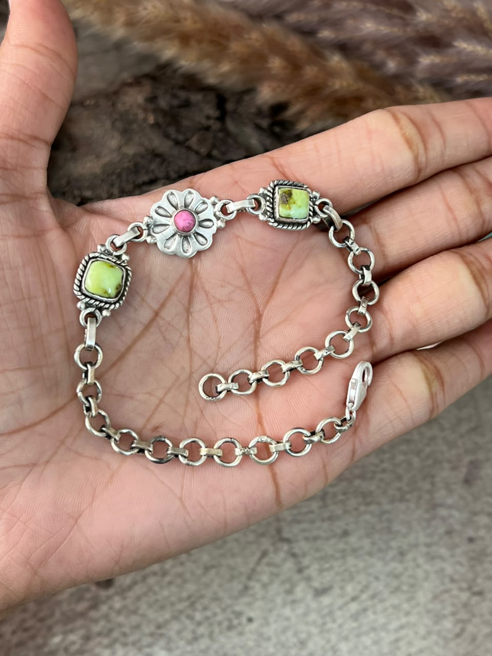 Handmade Sterling Silver Palomino Turquoise with Cotton Candy Chain Bracelet Signed Nizhoni