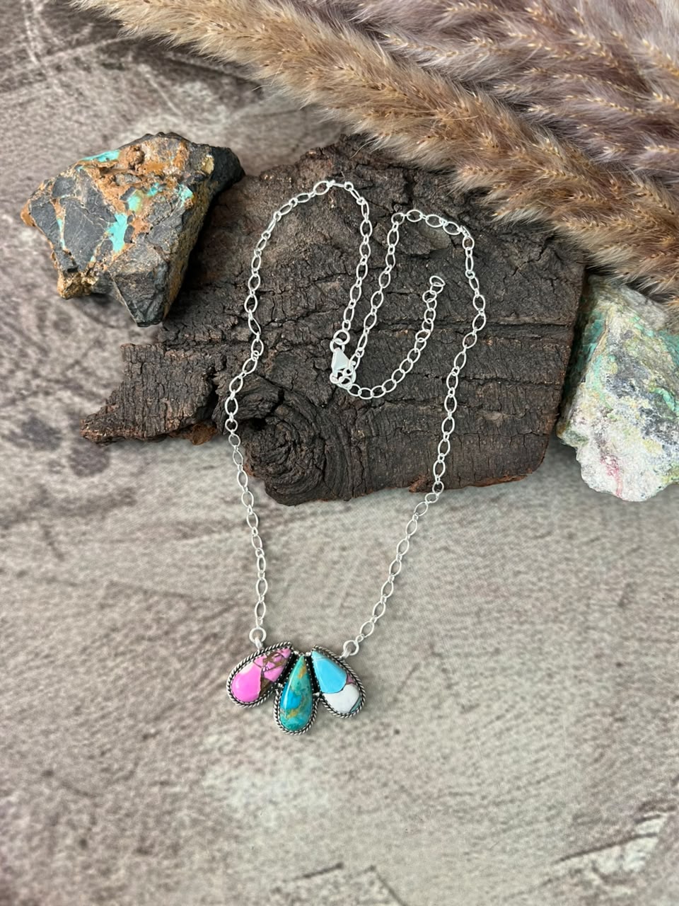Handmade Sterling Silver Cotton Candy with Kingman Turquoise Necklace Signed Nizhoni