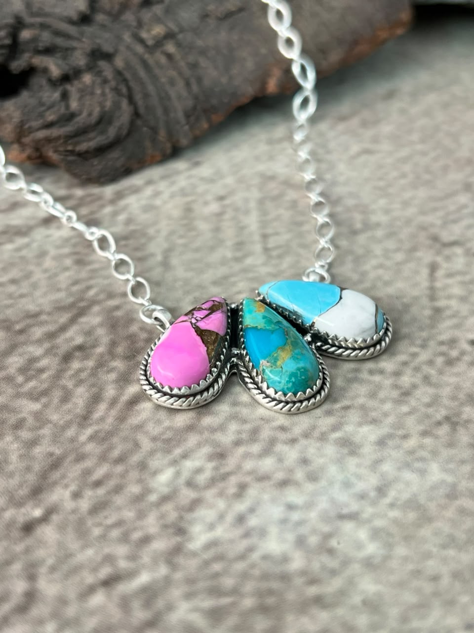 Handmade Sterling Silver Cotton Candy with Kingman Turquoise Necklace Signed Nizhoni