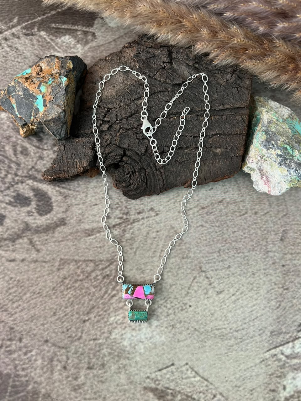 Handmade Sterling Silver Cotton Candy with Kingman Turquoise Necklace Signed Nizhoni