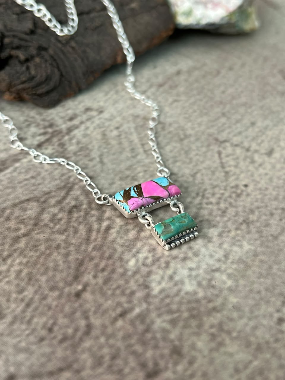 Handmade Sterling Silver Cotton Candy with Kingman Turquoise Necklace Signed Nizhoni