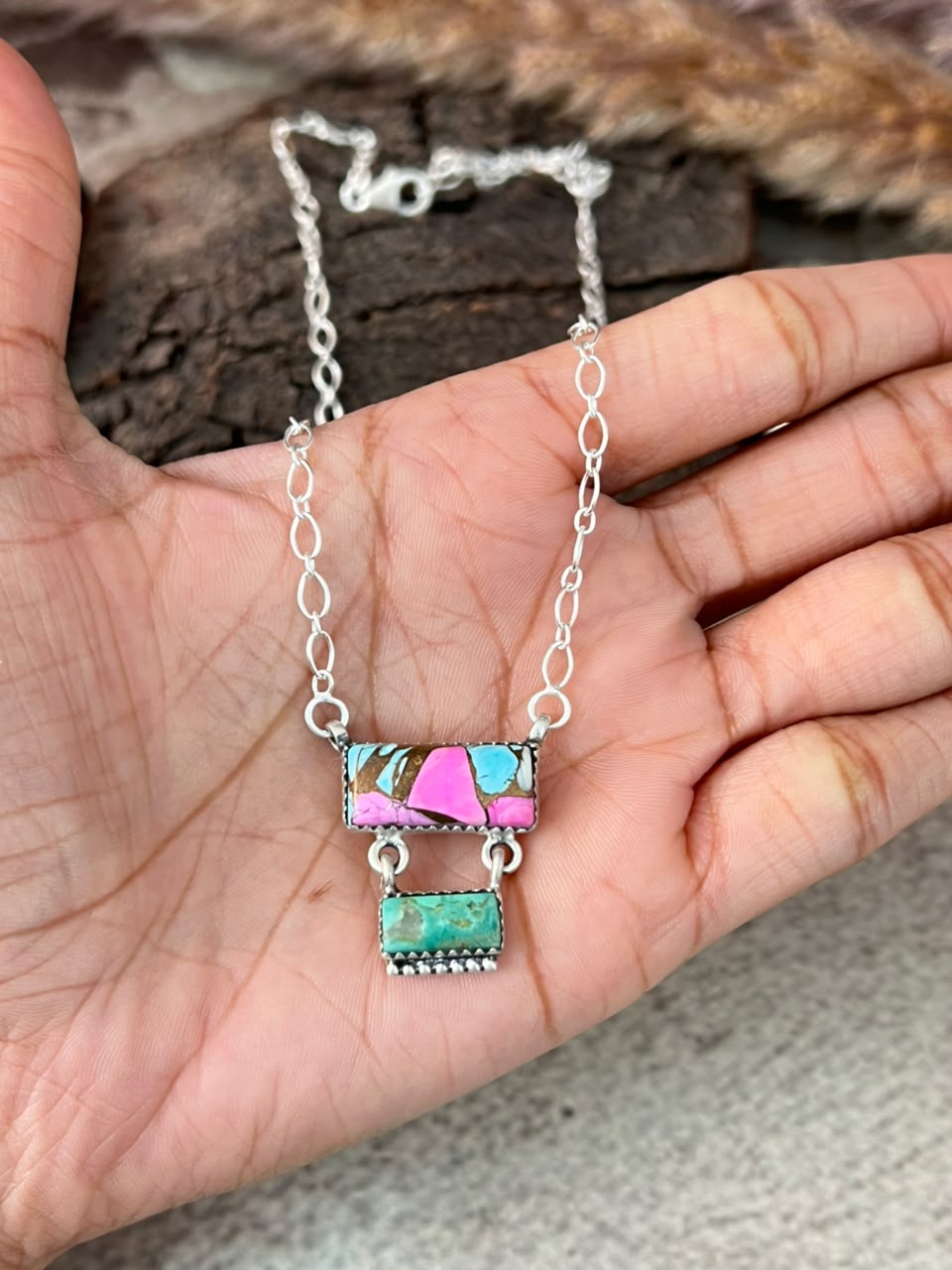 Handmade Sterling Silver Cotton Candy with Kingman Turquoise Necklace Signed Nizhoni