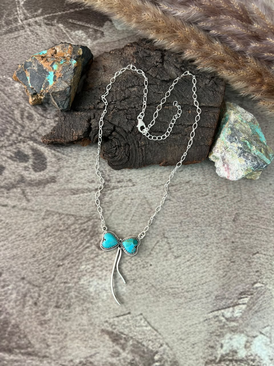 Handmade Sterling Silver Kingman Turquoise Bow Heart Necklace Signed Nizhoni
