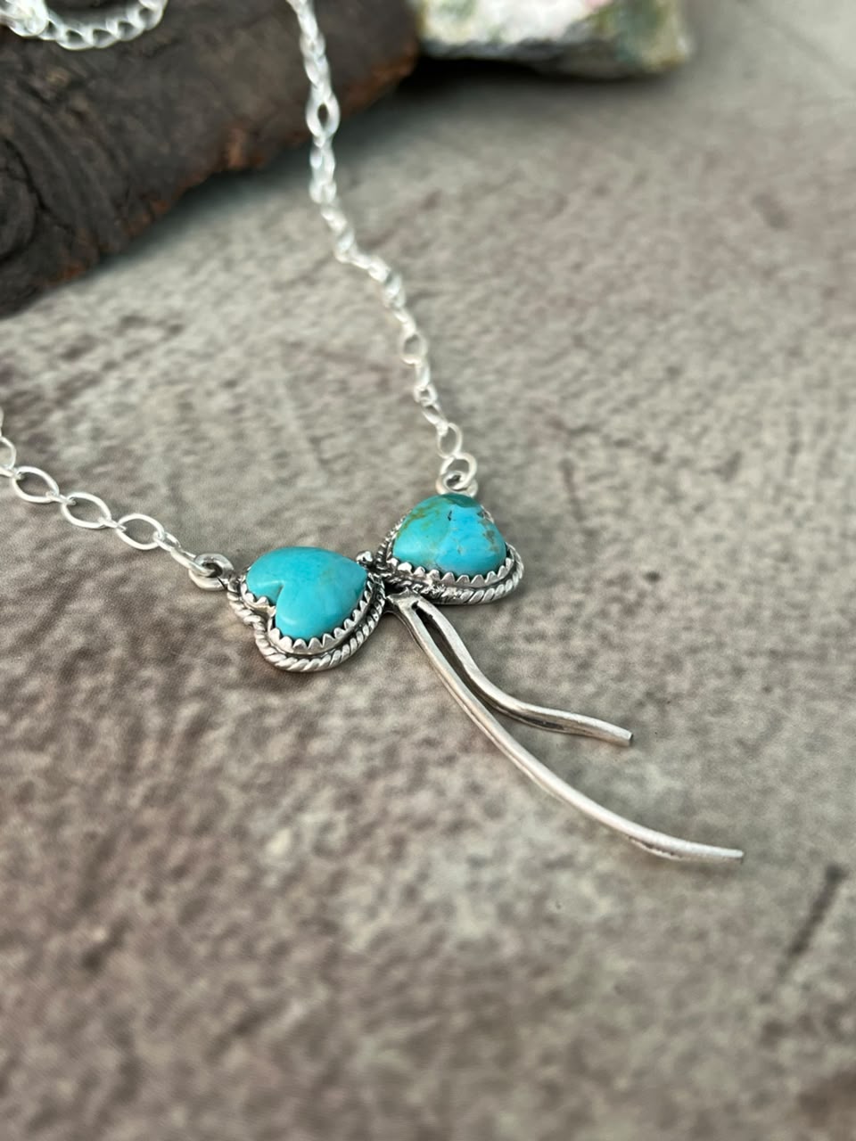Handmade Sterling Silver Kingman Turquoise Bow Heart Necklace Signed Nizhoni