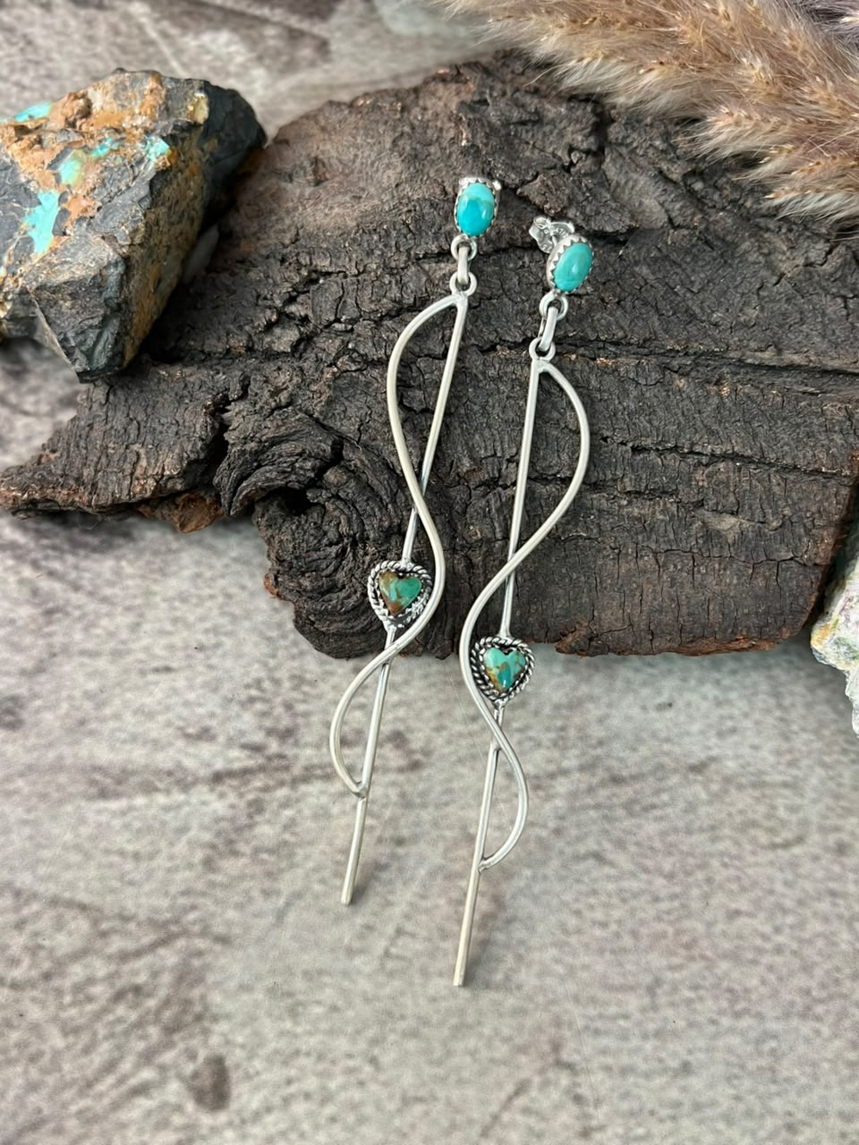 Handmade Sterling Silver Kingman Turquoise Post Dangle Heart Earrings Signed Nizhoni