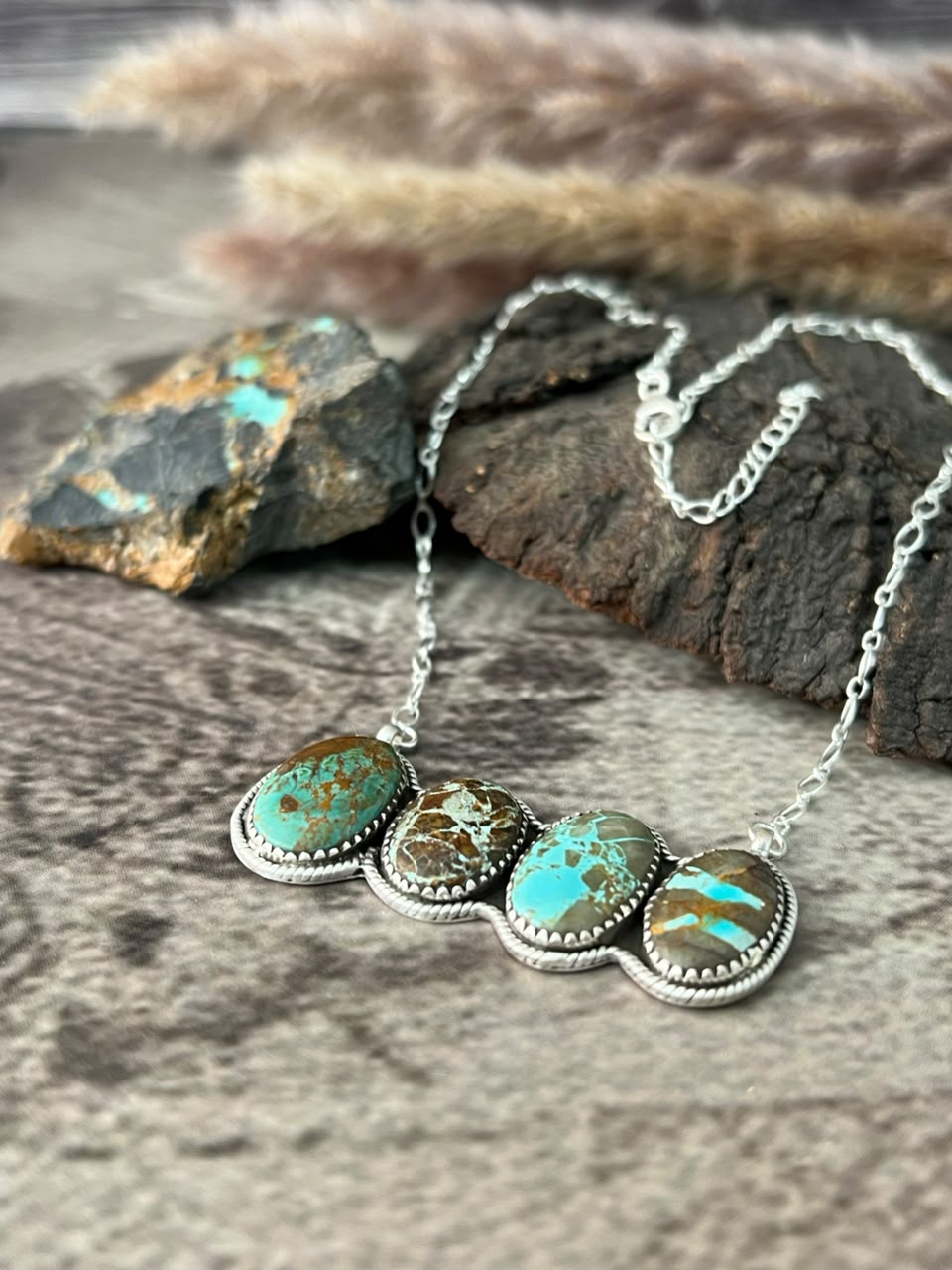 Handmade Sterling Silver Royston Ribbon Turquoise Necklace Signed Nizhoni