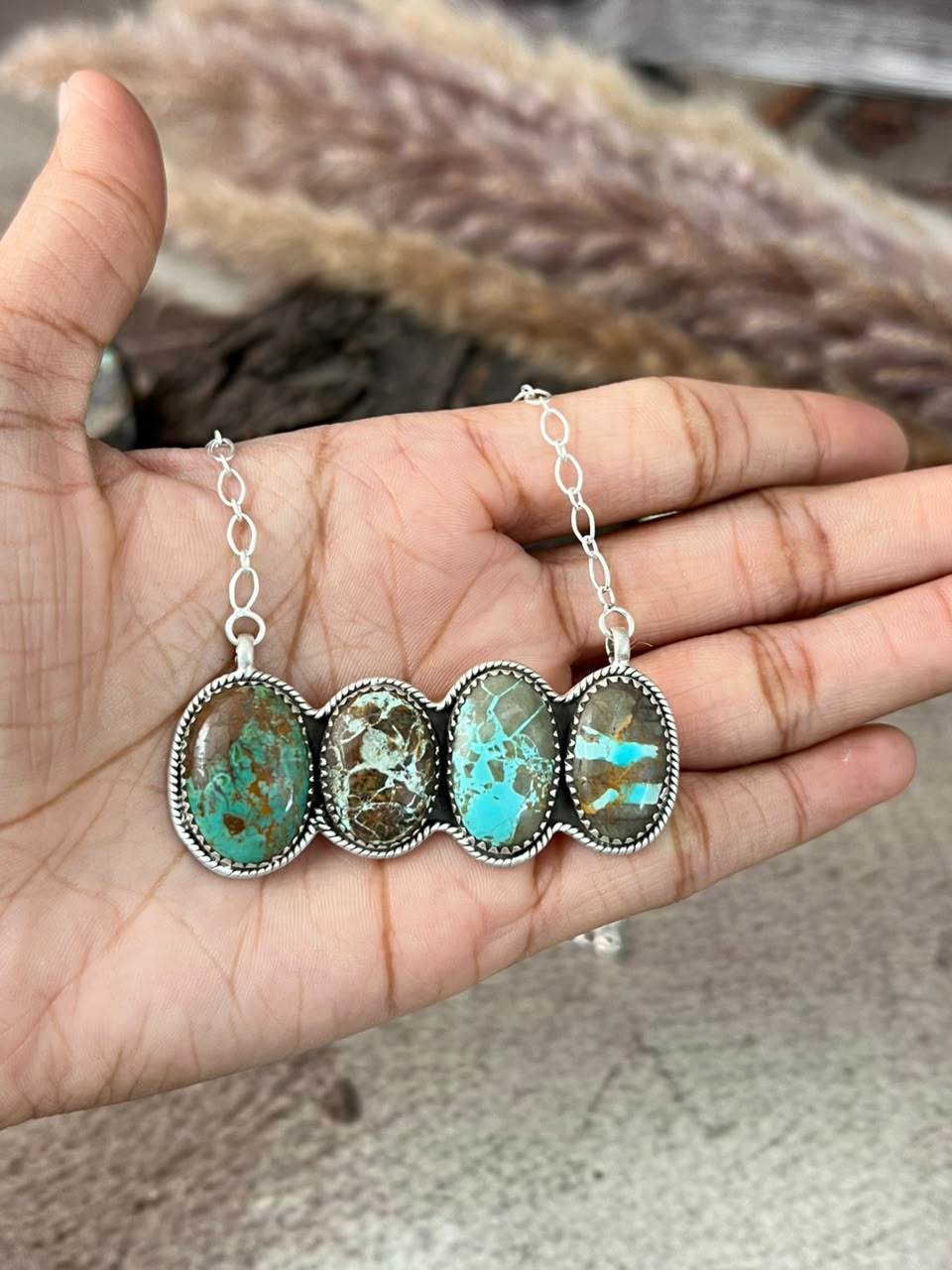 Handmade Sterling Silver Royston Ribbon Turquoise Necklace Signed Nizhoni