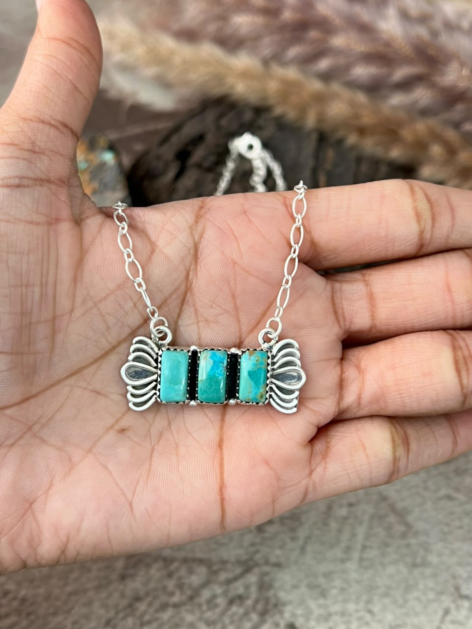 Handmade Sterling Silver Kingman Turquoise Necklace Signed Nizhoni
