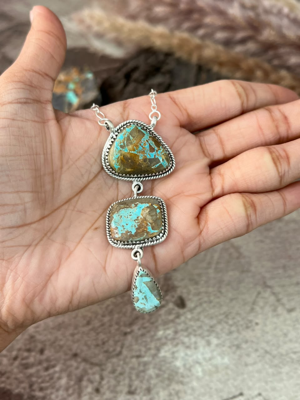 Handmade Sterling Silver Royston Ribbon Turquoise Necklace Signed Nizhoni
