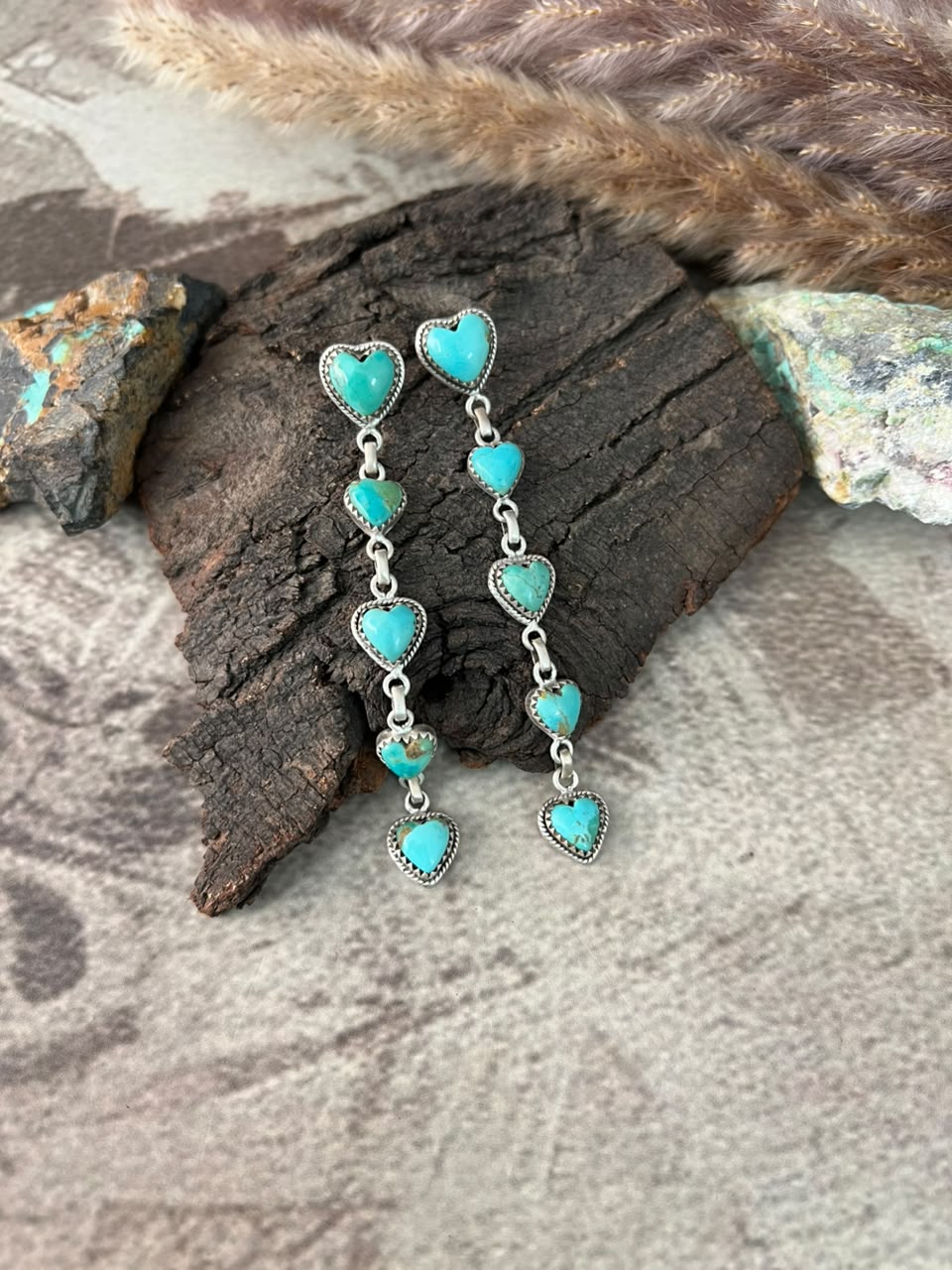Handmade Sterling Silver Kingman Turquoise Post Dangle Heart Earrings Signed Nizhoni