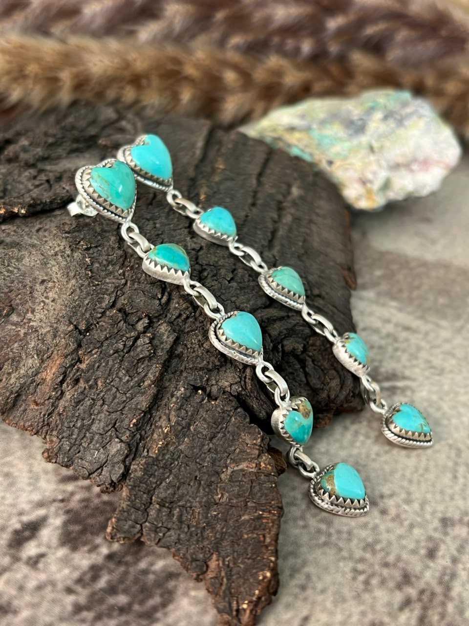 Handmade Sterling Silver Kingman Turquoise Post Dangle Heart Earrings Signed Nizhoni