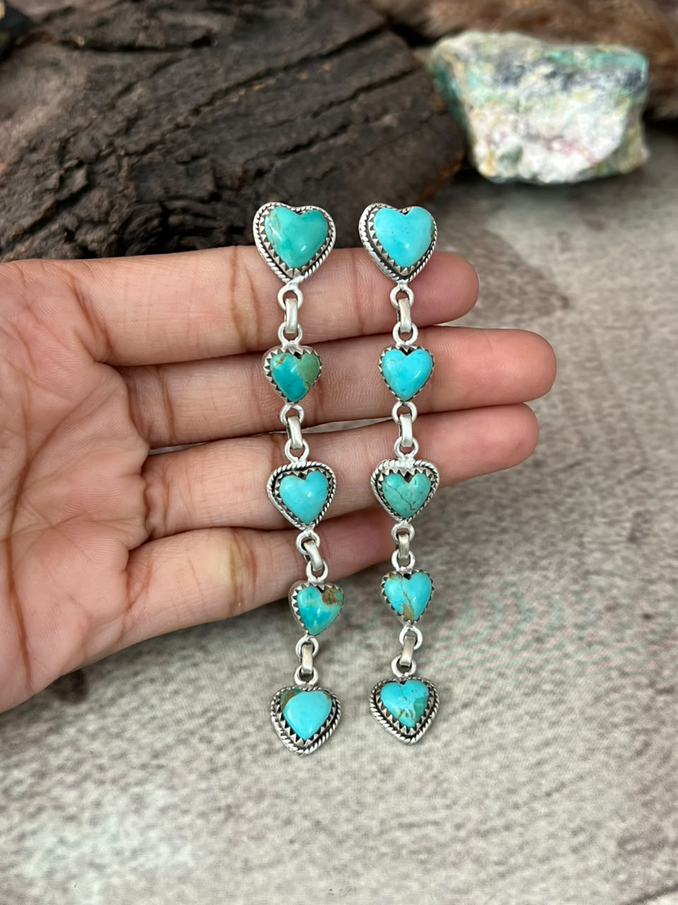 Handmade Sterling Silver Kingman Turquoise Post Dangle Heart Earrings Signed Nizhoni