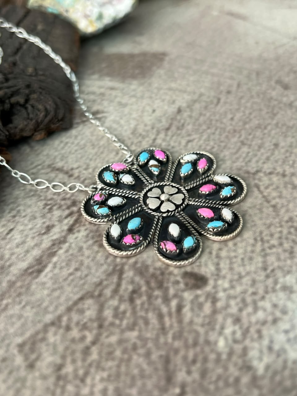 Handmade Sterling Silver Cotton Candy Necklace Signed Nizhoni
