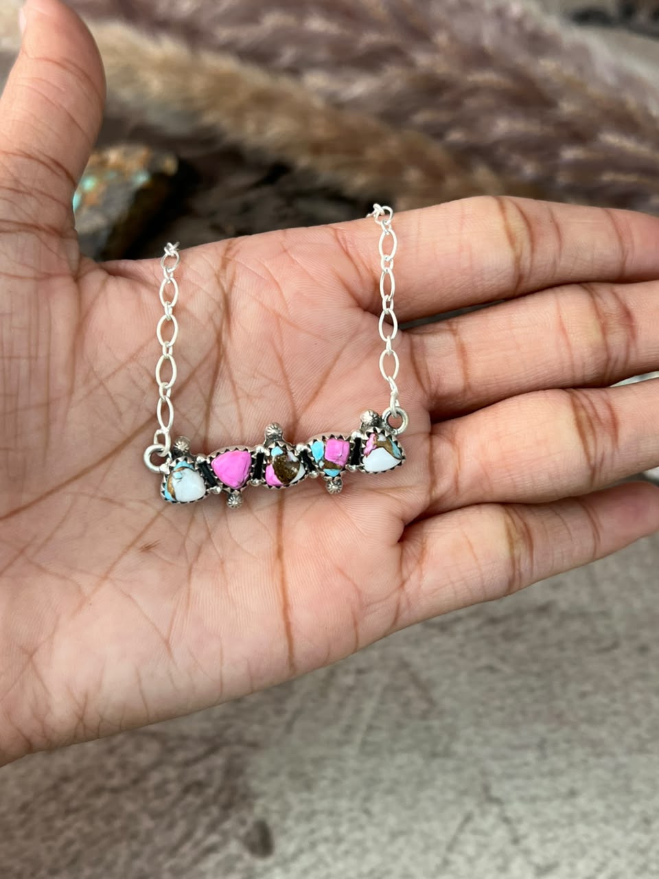 Handmade Sterling Silver Cotton Candy Necklace Signed Nizhoni
