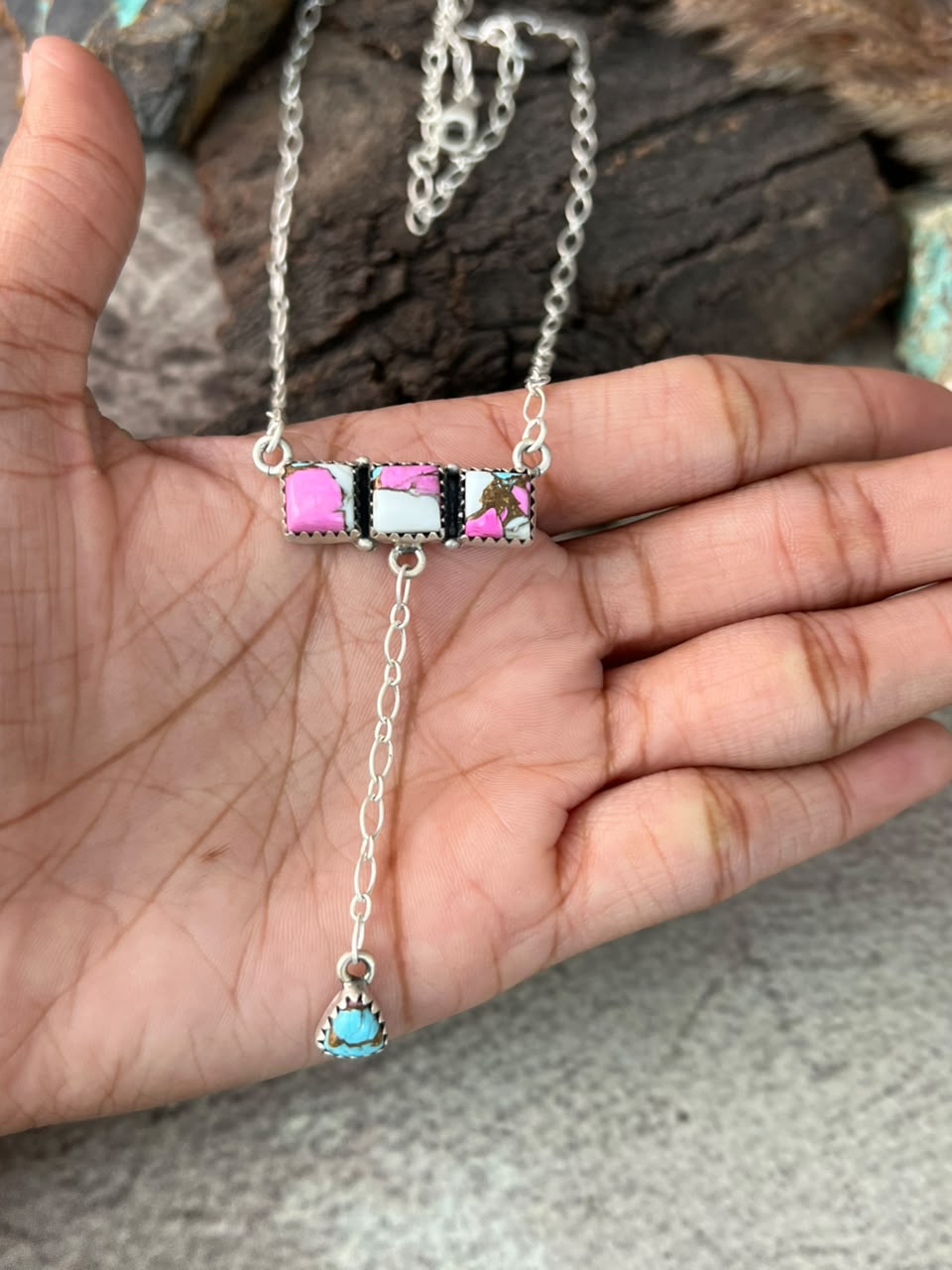 Handmade Sterling Silver Cotton Candy Lariat Necklace Signed Nizhoni
