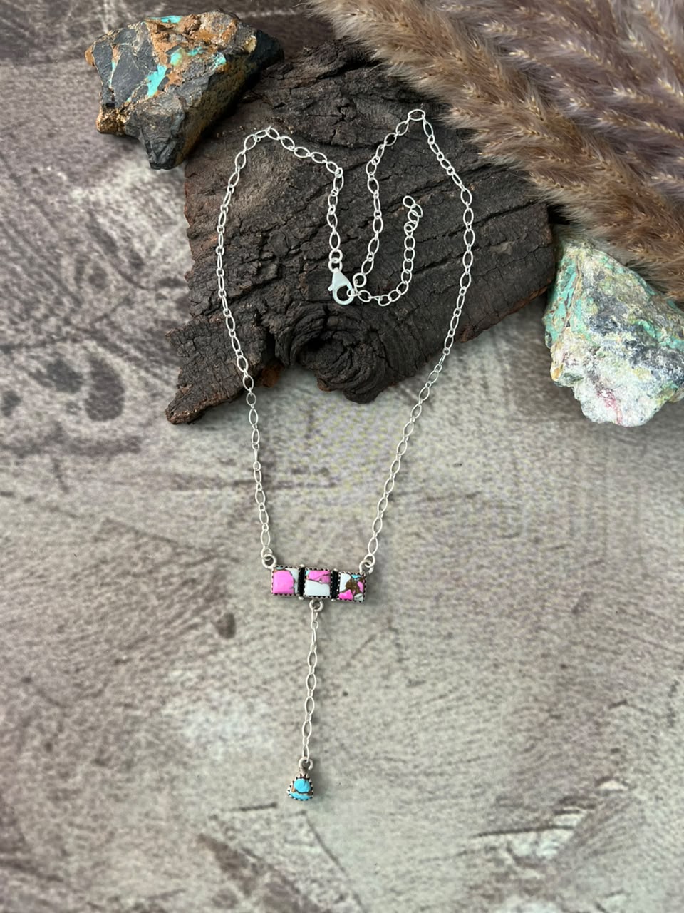 Handmade Sterling Silver Cotton Candy Lariat Necklace Signed Nizhoni