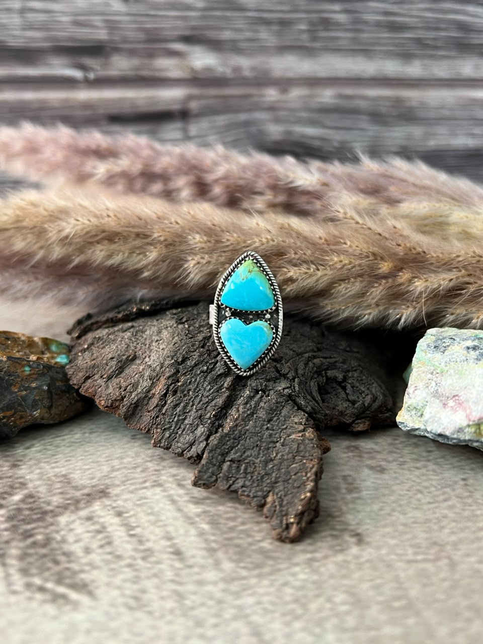 Handmade Sterling Silver Campitos Turquoise Collection: Heart Adjustable Ring Signed Nizhoni