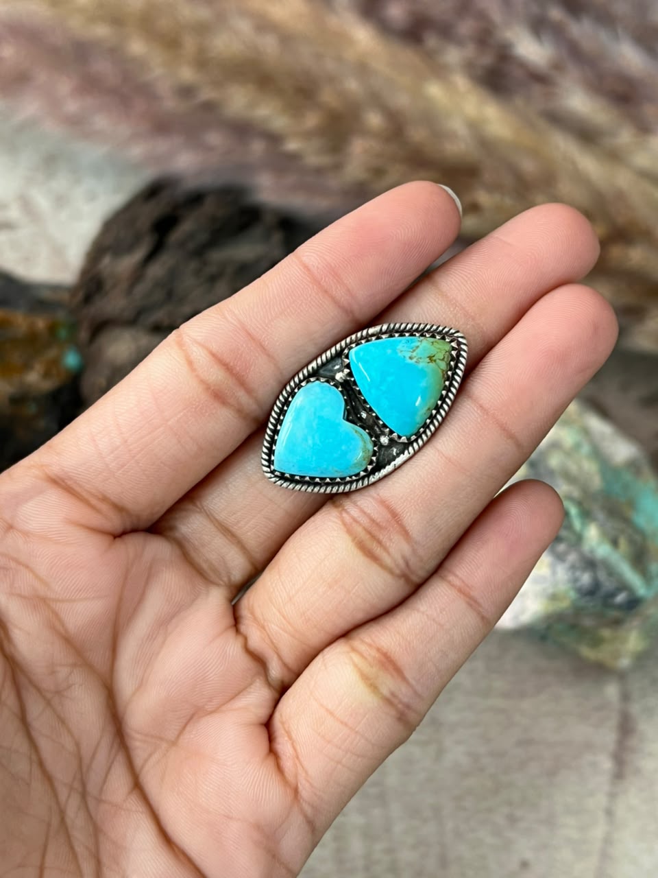 Handmade Sterling Silver Campitos Turquoise Collection: Heart Adjustable Ring Signed Nizhoni