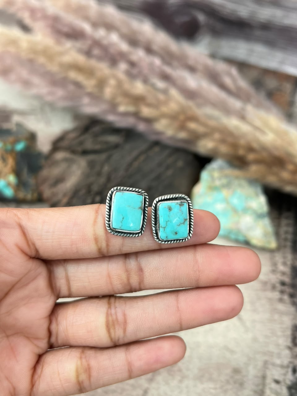 Handmade Sterling Silver Campitos Turquoise Collection: Post Studs Earrings Signed Nizhoni