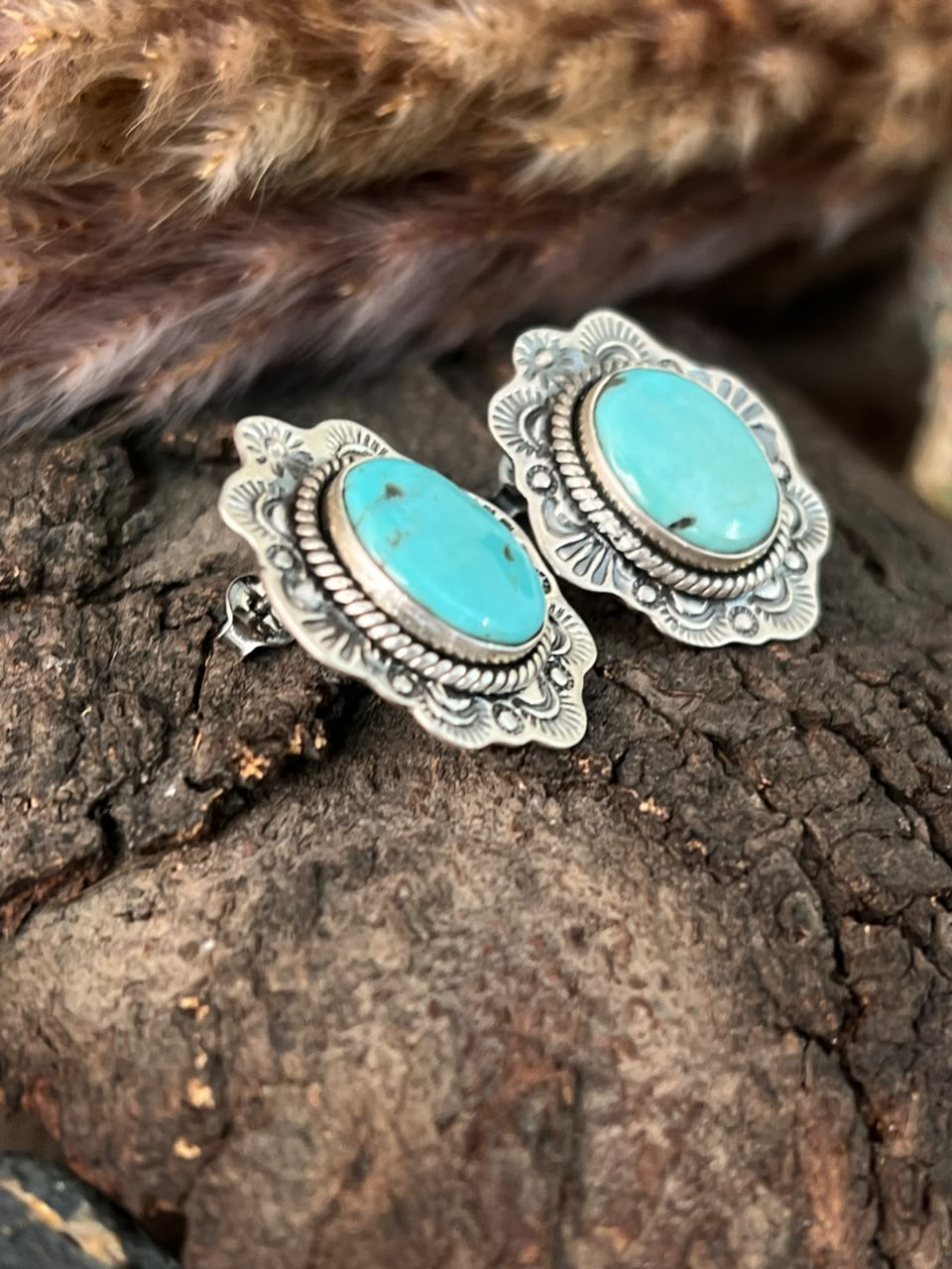 Handmade Sterling Silver Campitos Turquoise Collection: Post Studs Earrings Signed Nizhoni