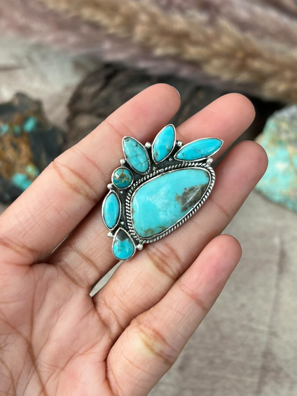 Handmade Sterling Silver Campitos Turquoise Collection: Adjustable Ring Signed Nizhoni