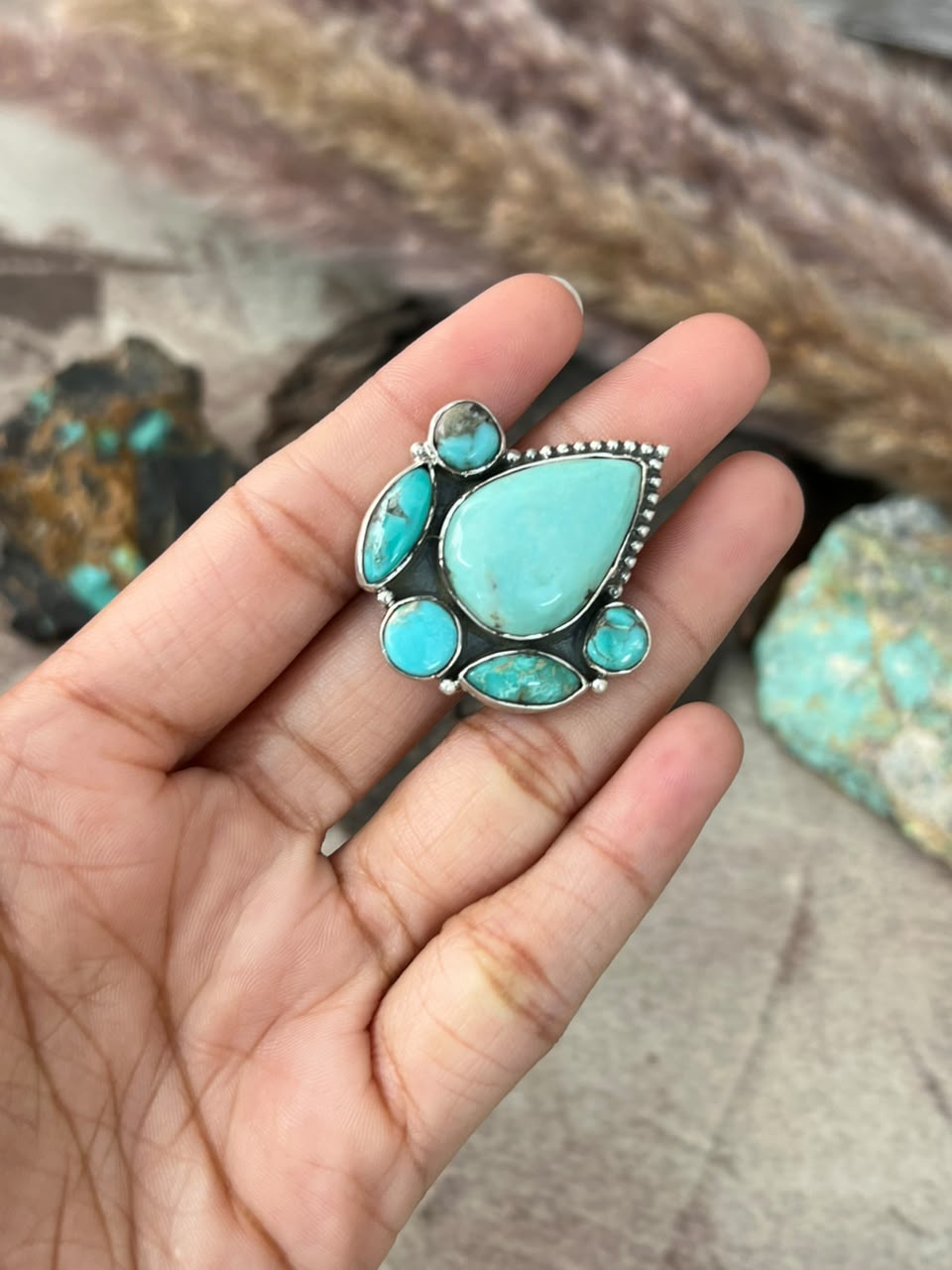 Handmade Sterling Silver Campitos Turquoise Collection: Adjustable Ring Signed Nizhoni