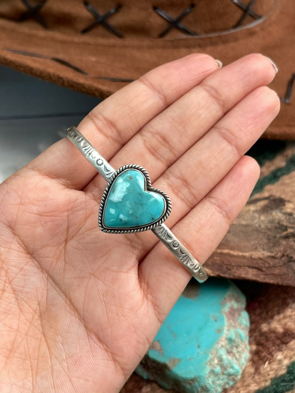 Handmade Sterling Silver Campitos Turquoise Collection: Heart Cuff Bracelet Signed Nizhoni