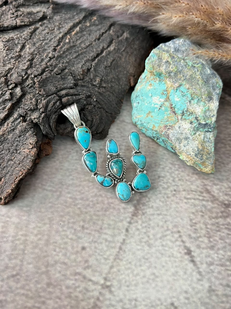 Handmade Sterling Silver Campitos Turquoise Collection: Cactus Pendant Signed Nizhoni