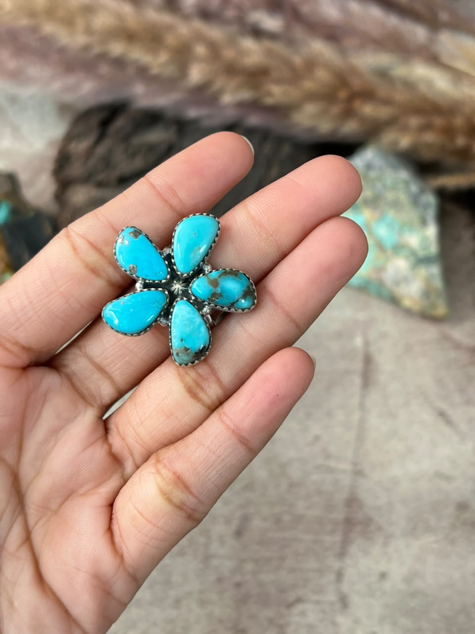 Handmade Sterling Silver Campitos Turquoise Collection: Adjustable Ring Signed Nizhoni
