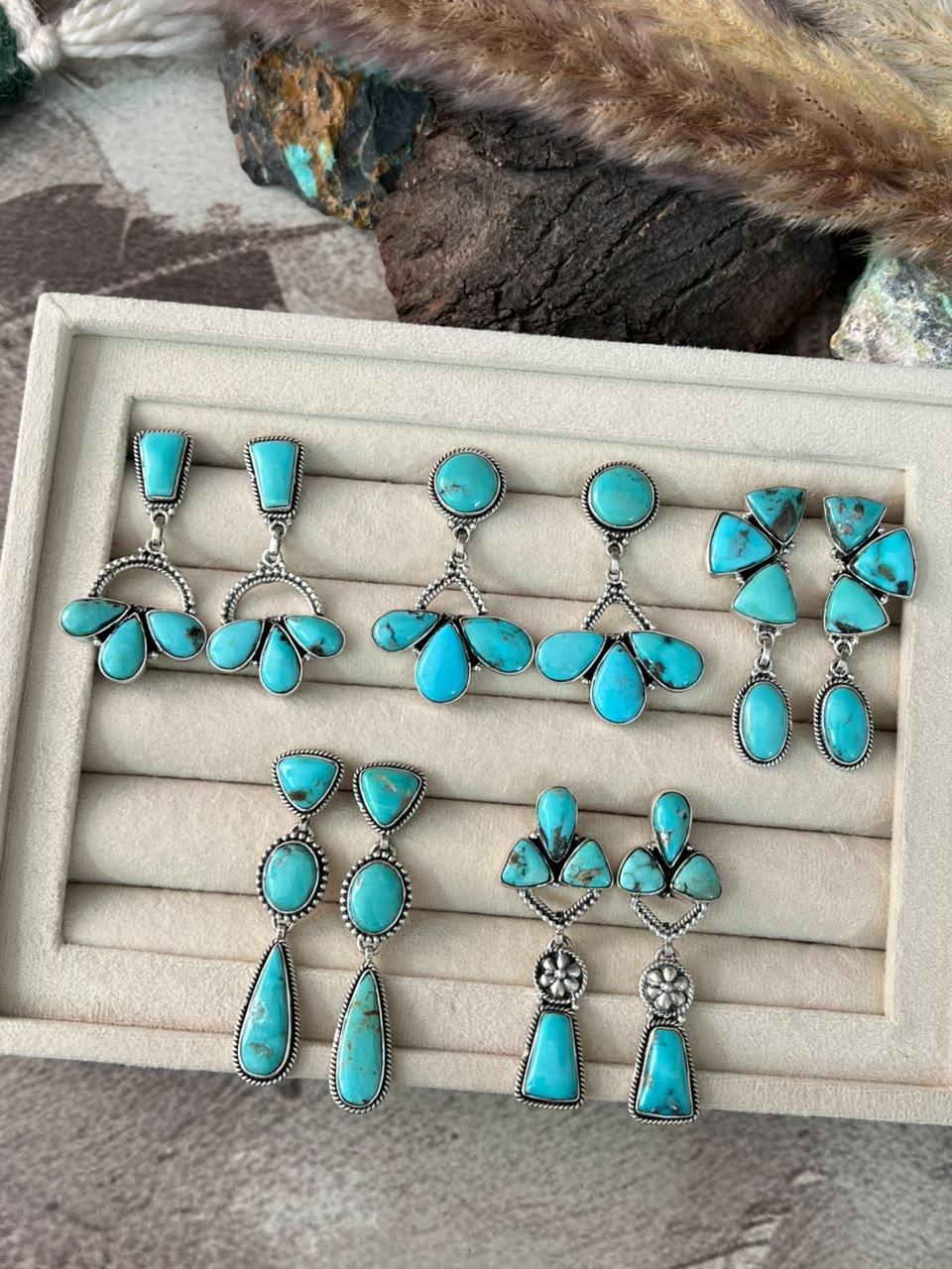 Handmade Sterling Silver Campitos Turquoise Collection: Post Dangle Earrings Signed Nizhoni