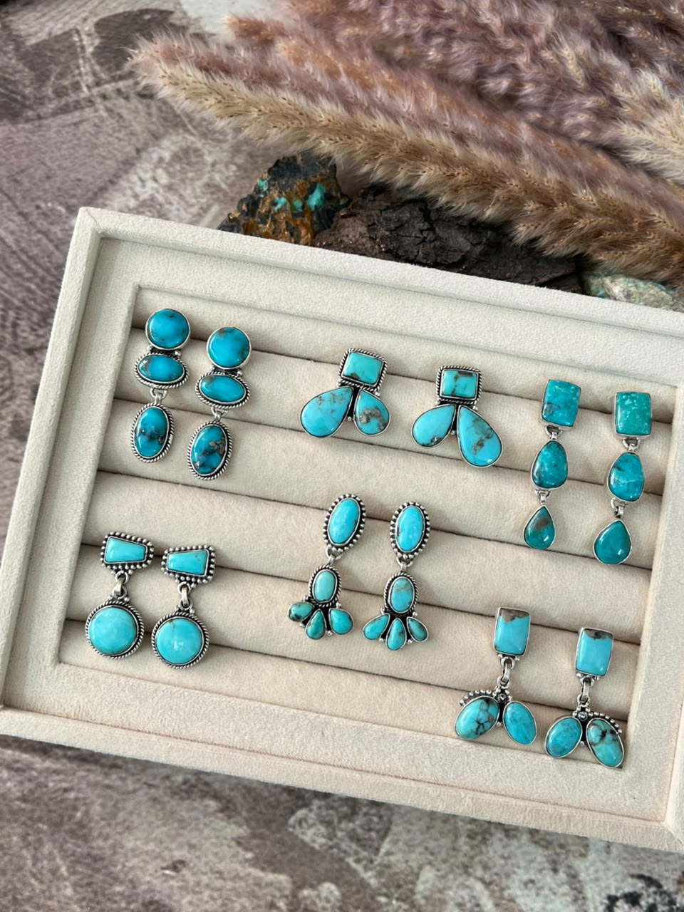 Handmade Sterling Silver Campitos Turquoise Collection: Post Dangle/Studs Earrings Signed Nizhoni