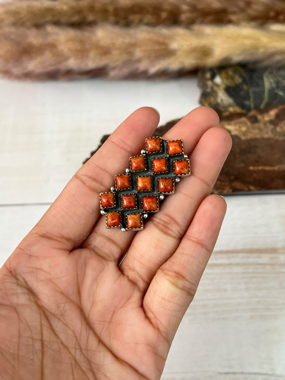 Handmade Sterling Silver Orange Mojave Adjustable Ring Signed Nizhoni