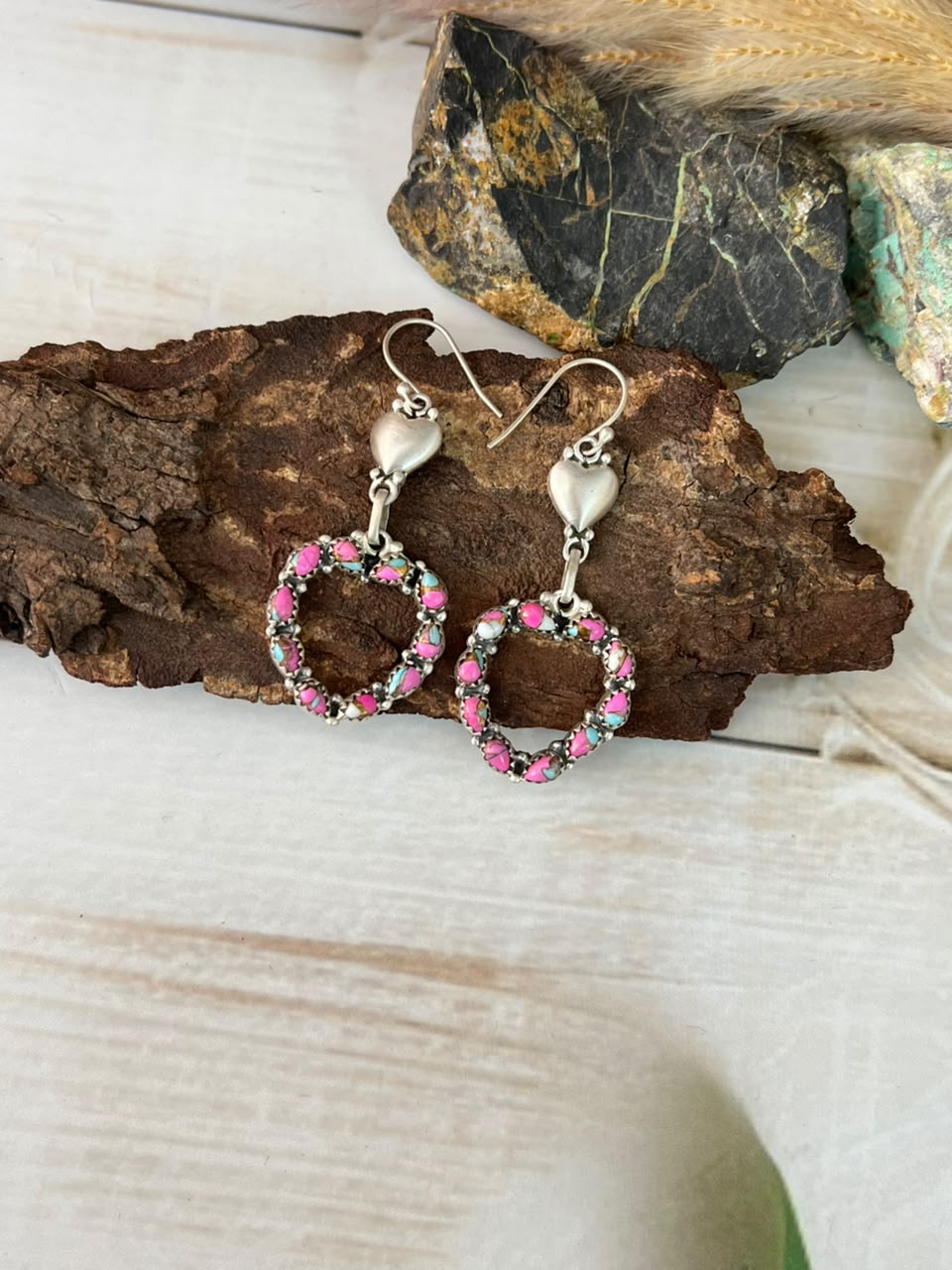 Handmade Sterling Silver Cotton Candy Heart Collection: Hook Dangle Earrings Signed Nizhoni