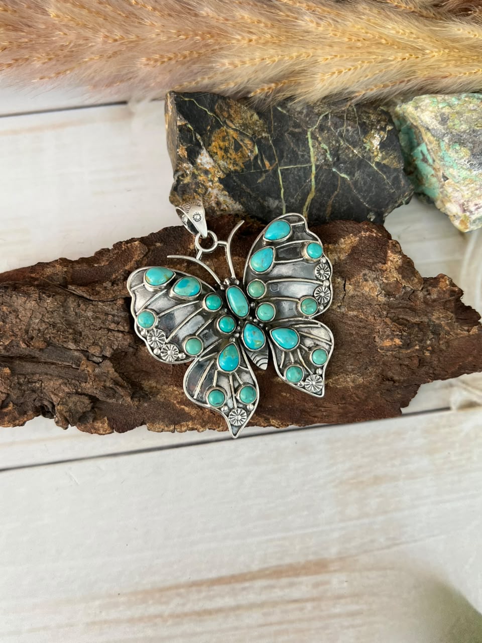 Handmade Sterling Silver Kingman Turquoise Butterfly Pendant Signed Nizhoni