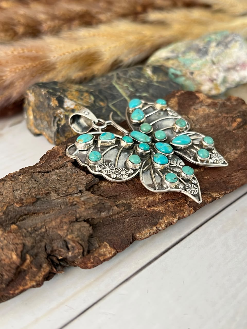 Handmade Sterling Silver Kingman Turquoise Butterfly Pendant Signed Nizhoni
