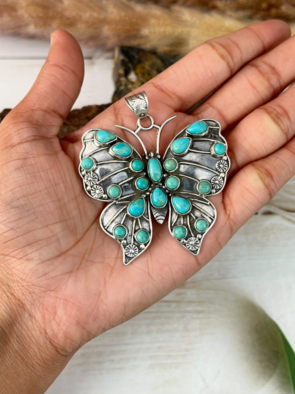 Handmade Sterling Silver Kingman Turquoise Butterfly Pendant Signed Nizhoni