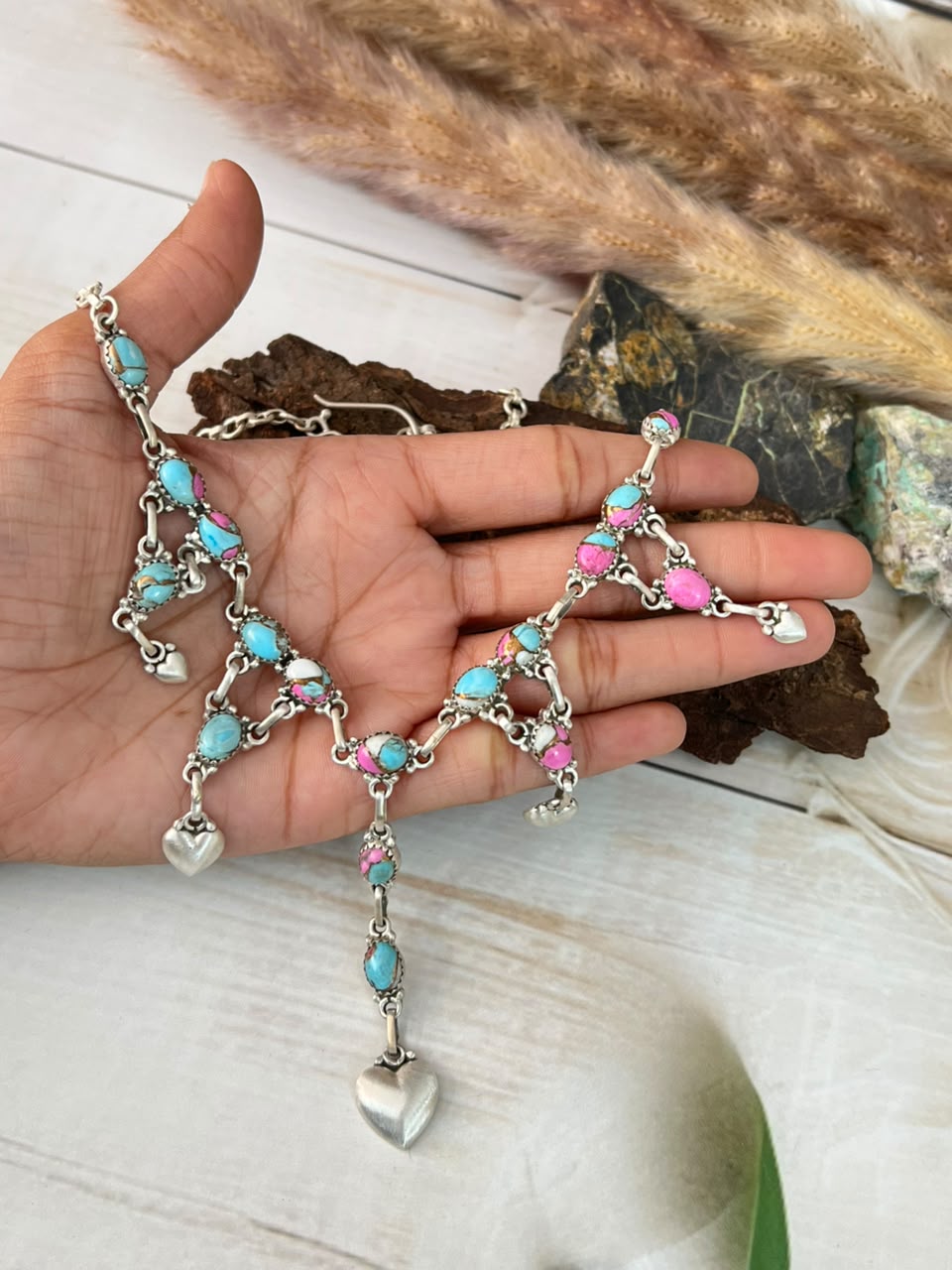 Handmade Sterling Silver Cotton Candy Heart Collection: Necklace Signed Nizhoni