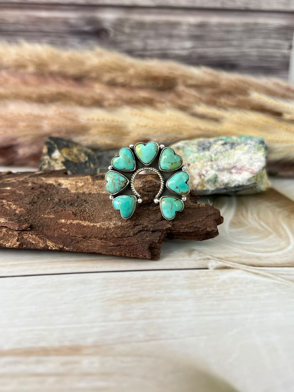 Handmade Sterling Silver Kingman Turquoise Naja Heart Adjustable Ring Signed Nizhoni