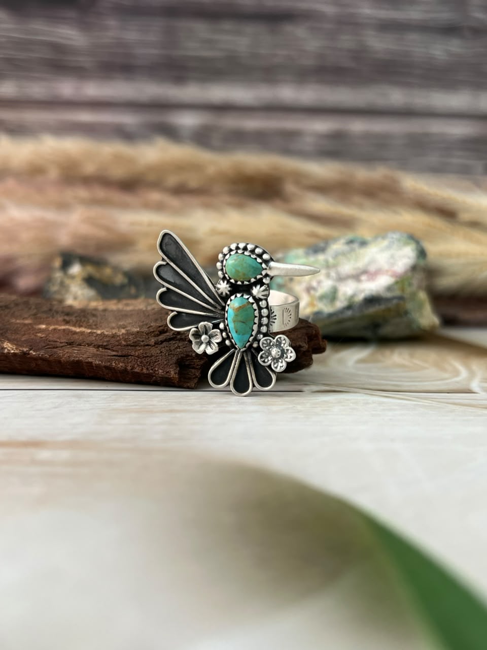 Handmade Sterling Silver Kingman Turquoise Hummingbird Adjustable Ring Signed Nizhoni