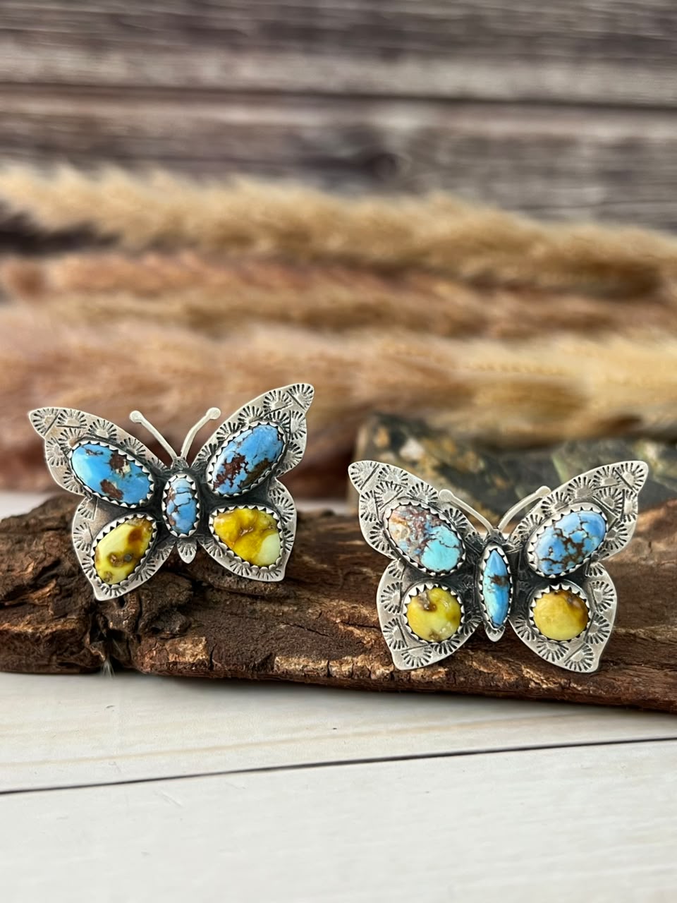 Handmade Sterling Silver Golden Hills with Palomino Turquoise Butterfly Adjustable Ring Signed Nizhoni