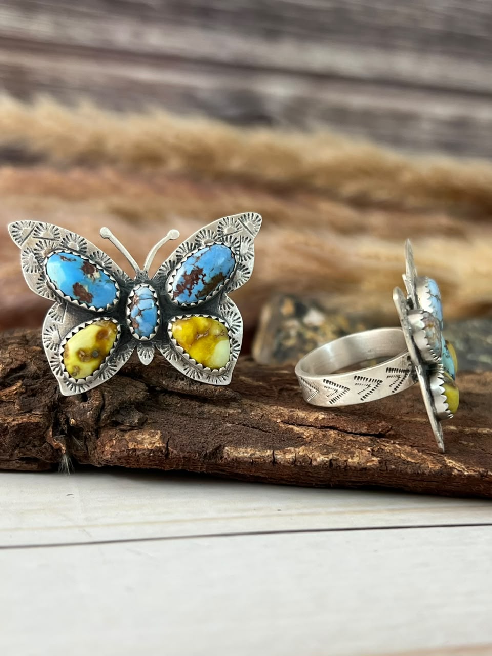 Handmade Sterling Silver Golden Hills with Palomino Turquoise Butterfly Adjustable Ring Signed Nizhoni