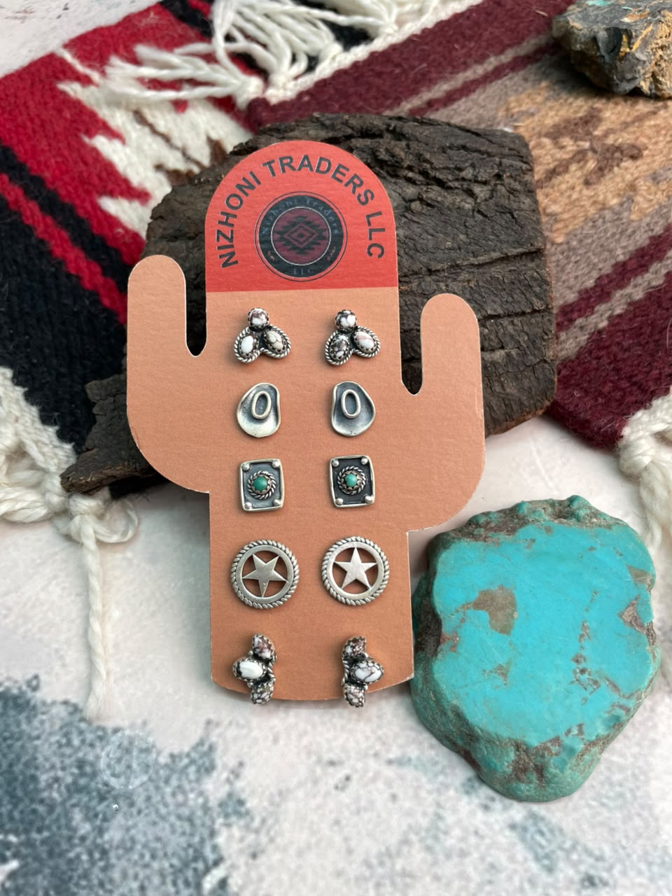 Handmade Sterling Silver Wildhorse Magnesite with Kingman Turquoise Post Studs Cards