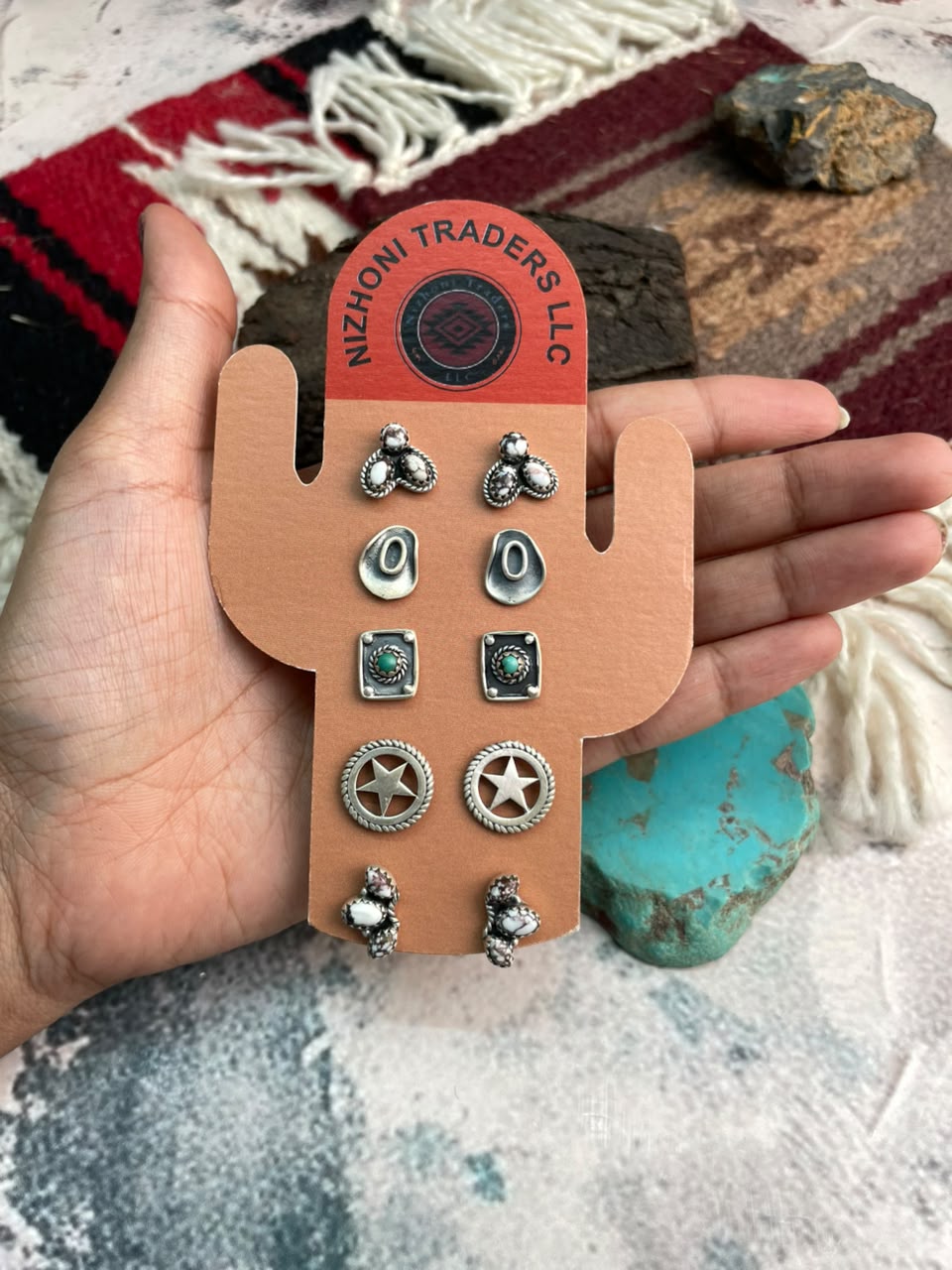 Handmade Sterling Silver Wildhorse Magnesite with Kingman Turquoise Post Studs Cards