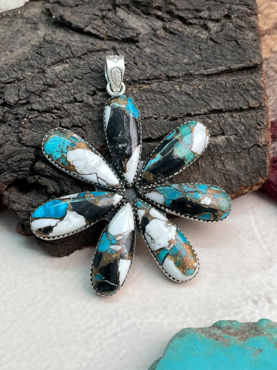 Handmade Sterling Silver Kingman with White Buffalo Turquoise Pendant Signed Nizhoni