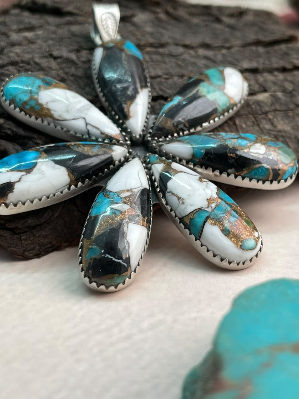 Handmade Sterling Silver Kingman with White Buffalo Turquoise Pendant Signed Nizhoni