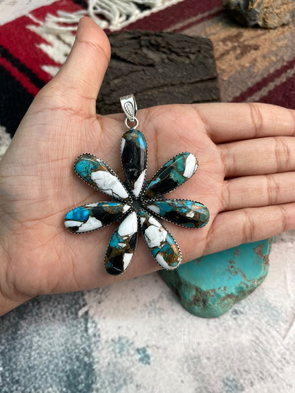 Handmade Sterling Silver Kingman with White Buffalo Turquoise Pendant Signed Nizhoni