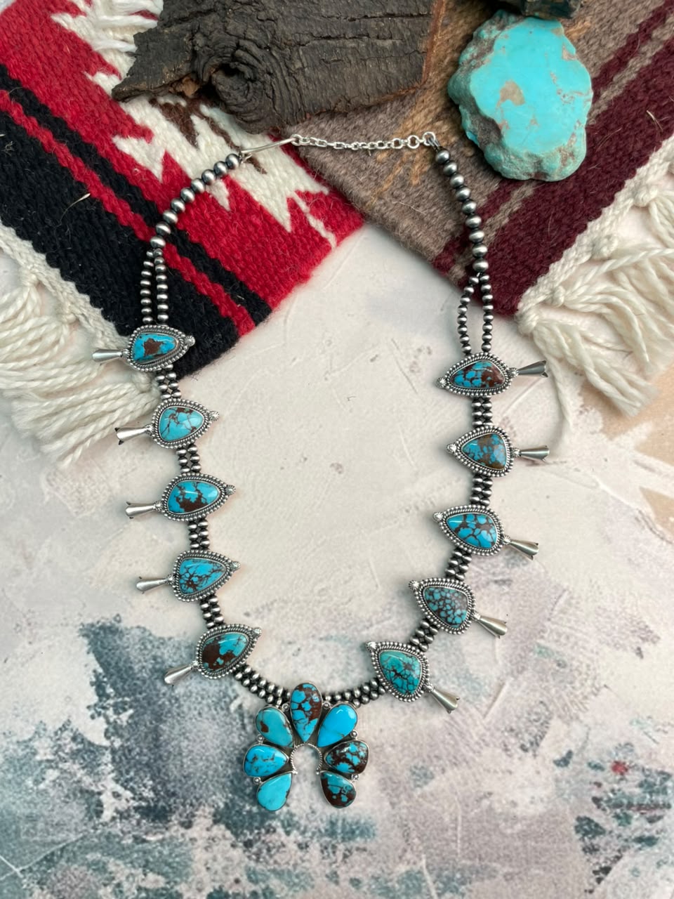 Handmade Sterling Silver Egyptian Turquoise Naja Squash Blossom Beaded Necklace Signed Nizhoni
