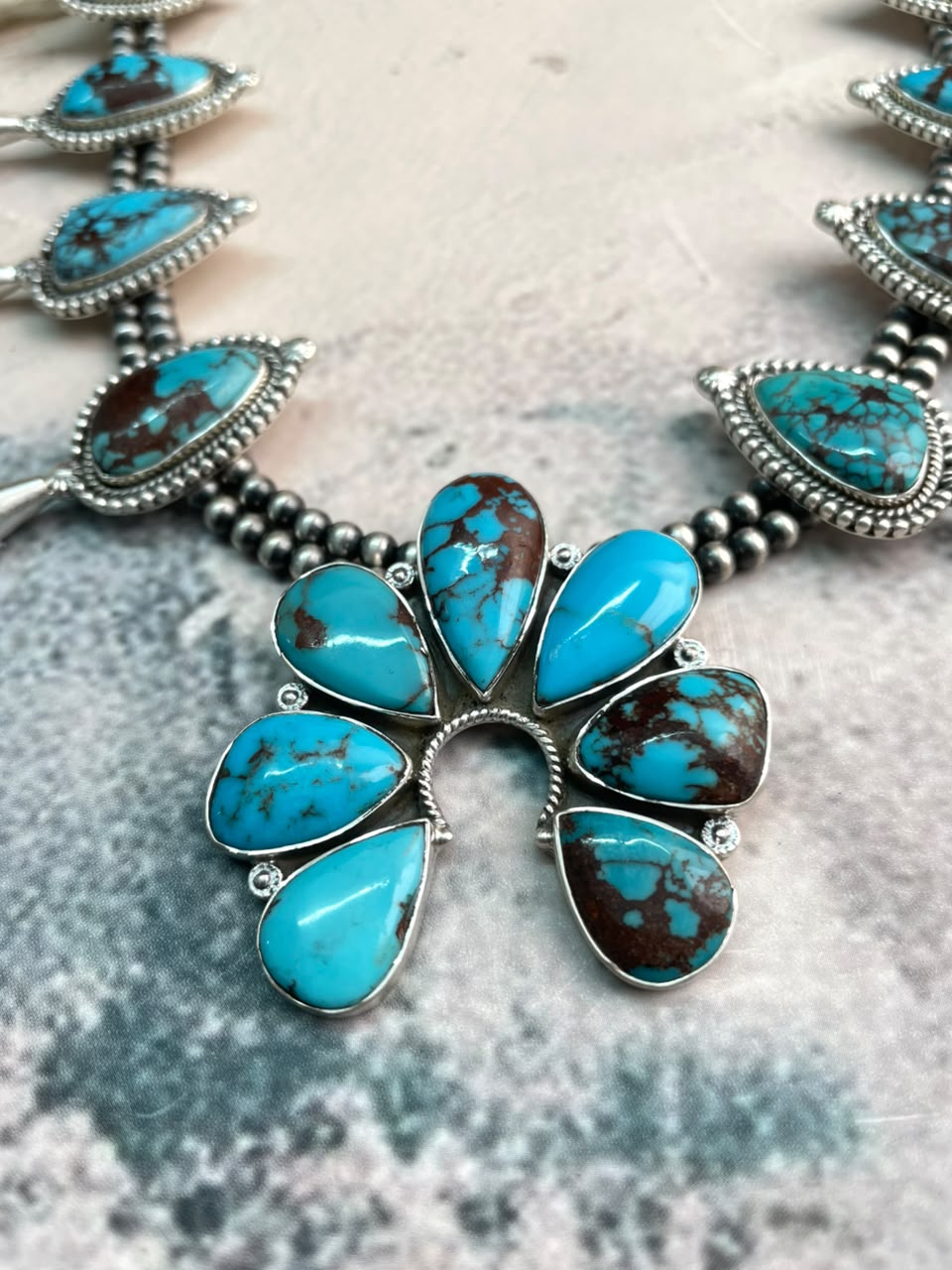 Handmade Sterling Silver Egyptian Turquoise Naja Squash Blossom Beaded Necklace Signed Nizhoni