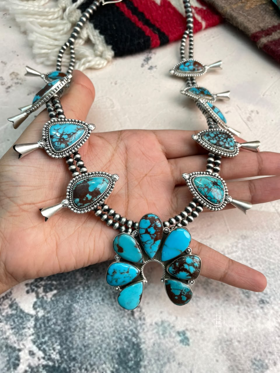 Handmade Sterling Silver Egyptian Turquoise Naja Squash Blossom Beaded Necklace Signed Nizhoni