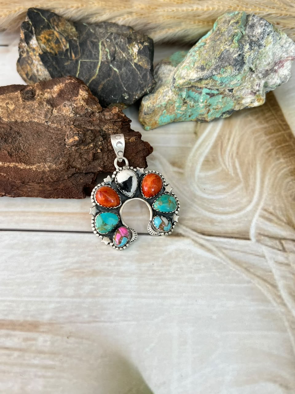 Handmade Sterling Silver Cotton Candy with Orange Mojave, White Buffalo and Kingman Turquoise Naja Pendant Signed Nizhoni